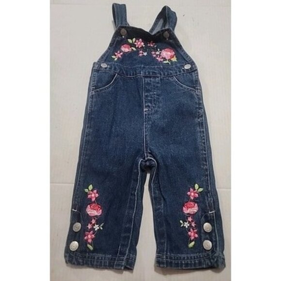 Vintage Cradle Togs Pink Floral Embroidered Bluejean Overalls Size 6-9 Months - Picture 1 of 11